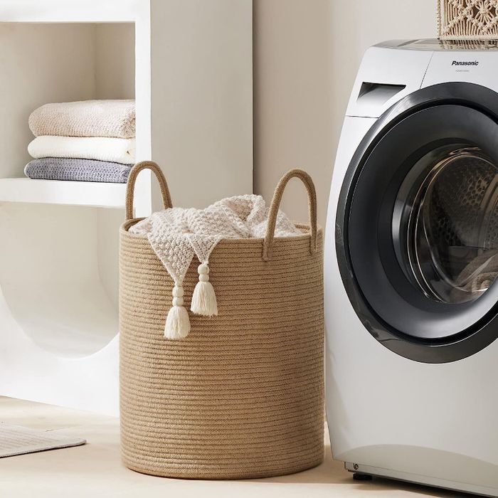 A woven basket with convenient handles.