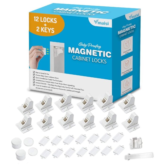 Magnetic baby-proof cabinet locks, designed for simple installation and convenience.