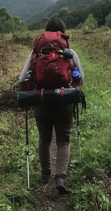 The author using trekking poles while walking
