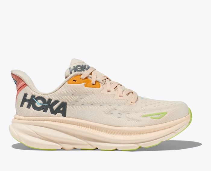 A Hoka running shoe featuring a thick sole with the Hoka logo on the side, designed for athletic performance