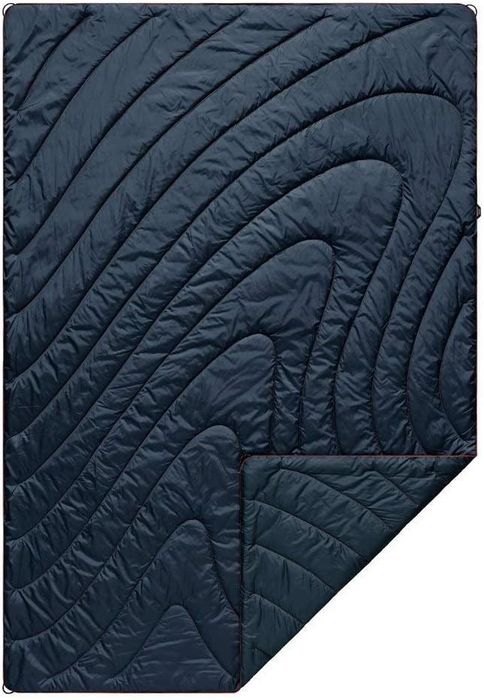 A large, black Rumpl quilted blanket, offering warmth and comfort, designed for both indoor and outdoor relaxation.