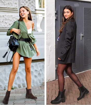Two women model fashionable fall outfits: the left woman wears a belted oversized green shirt and ankle boots, while the right woman pairs a black blazer with a mini dress, tights, and boots