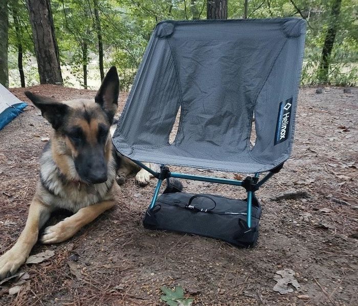 The reviewer's dog sits comfortably next to a compact bucket seat chair, making outdoor relaxation even more enjoyable.
