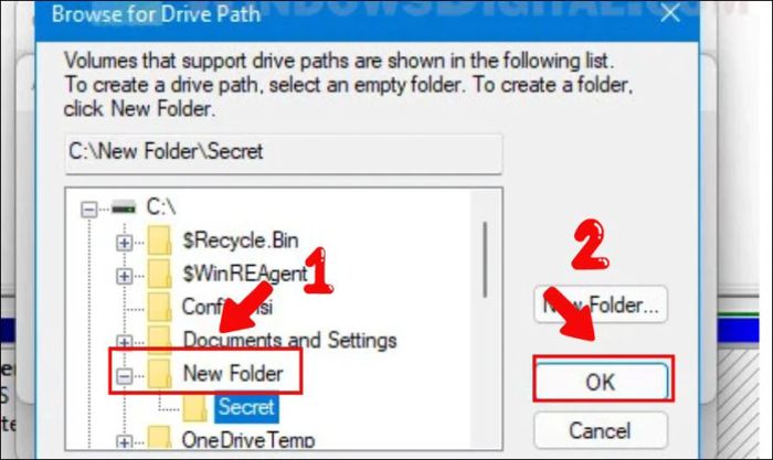 Nếu chưa có thư mục nào, bạn có thể tạo mới bằng cách chọn New Folder. Khi hoàn tất, nhấn nút OK