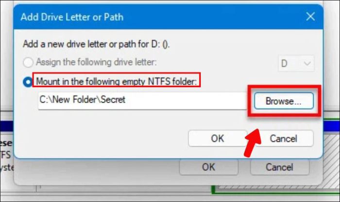 Chọn Mount in the following empty NTFS folder, chọn vị trí lưu trữ và nhấn nút Browse