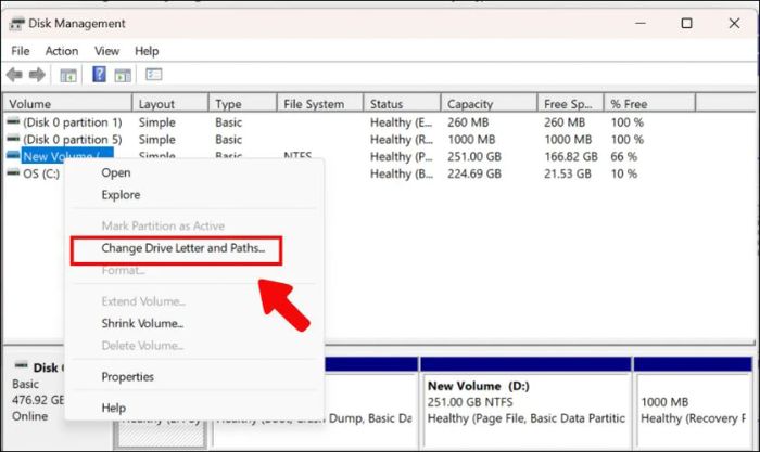 Nhấn chuột phải vào ổ đĩa muốn ẩn, rồi chọn Change Drive Letter and Paths
