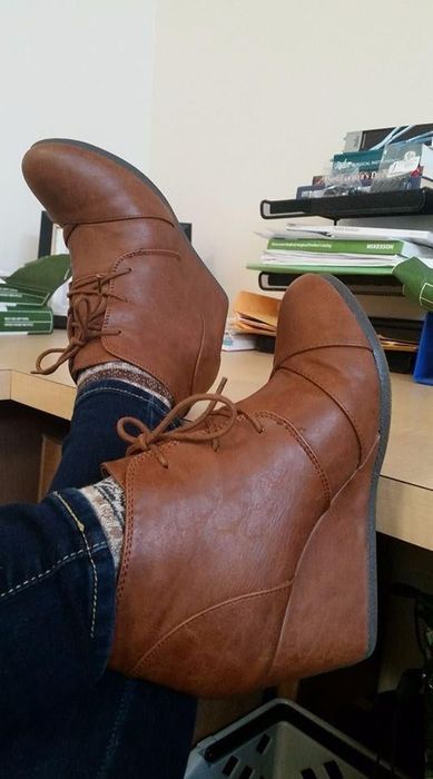 Another reviewer sporting tan PU leather booties