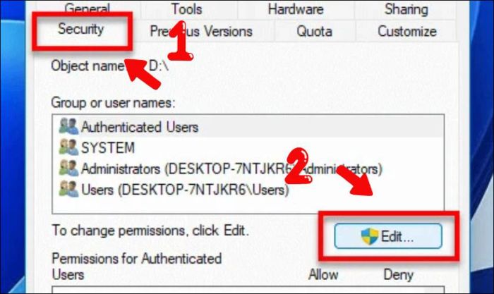 Trong cửa sổ Properties, chọn thẻ Security và nhấn nút Edit để tiếp tục