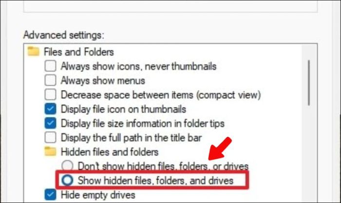 Chuyển đến tab View. Trong mục Advanced settings, chọn Show hidden files, folders, and drives để ẩn ổ đĩa trên Windows 11