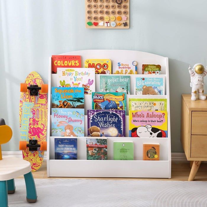 A bookshelf filled with children's books, a skateboard, and a decorative astronaut figurine. Featured titles include 'Starlight Wishes,' 'The Big Adventure,' and 'Happy Birthday, Mike!'.