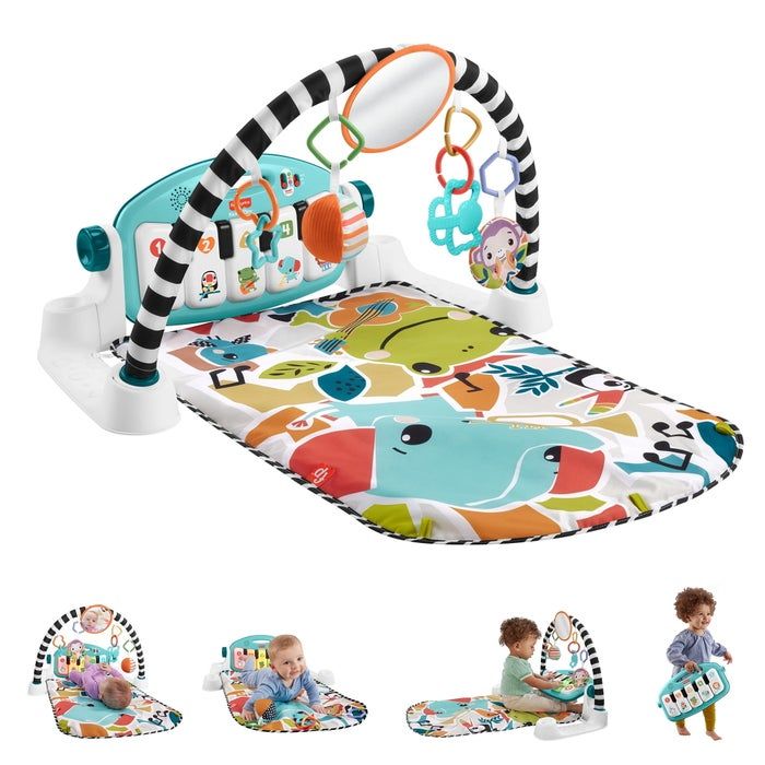 The Fisher-Price Deluxe Kick & Play Piano Gym is a vibrant baby activity center featuring a piano, hanging toys, and various interactive elements.