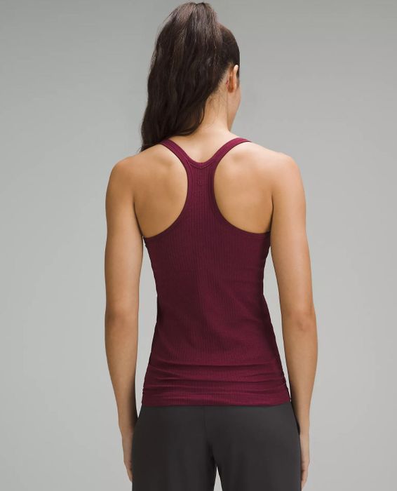 a maroon tank seen from behind, showcasing the racerback cut