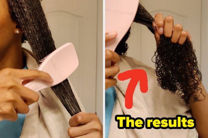 author brushing hair and showing results of detangled curls