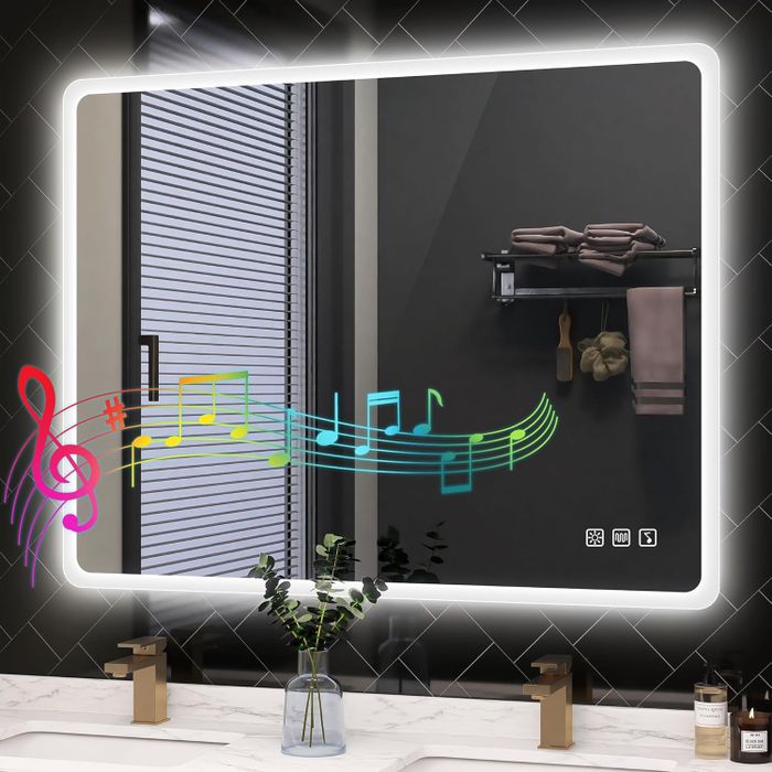A Bluetooth-enabled mirror mounted on a bathroom wall for a tech-savvy touch.