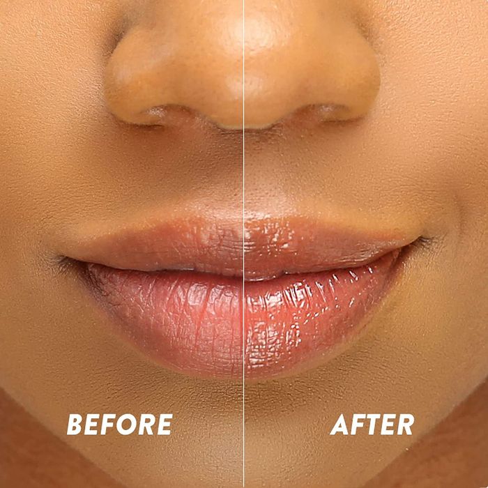 A before/after shot of a model's lips, demonstrating the hydration and shine the mask delivers.