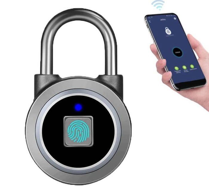 Image showing a fingerprint padlock alongside a model holding a smartphone displaying the associated app.
