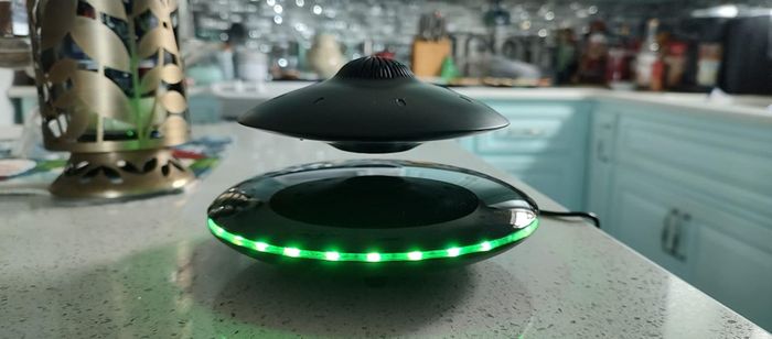 A UFO speaker sitting on the reviewer’s kitchen counter