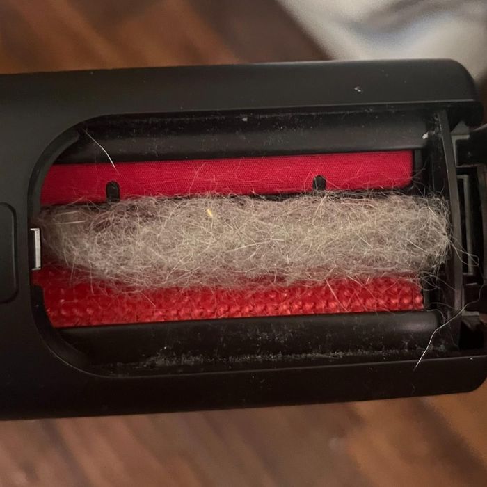 A close-up view of a vacuum cleaner’s lint-filled brush roll, showcasing the debris collected.