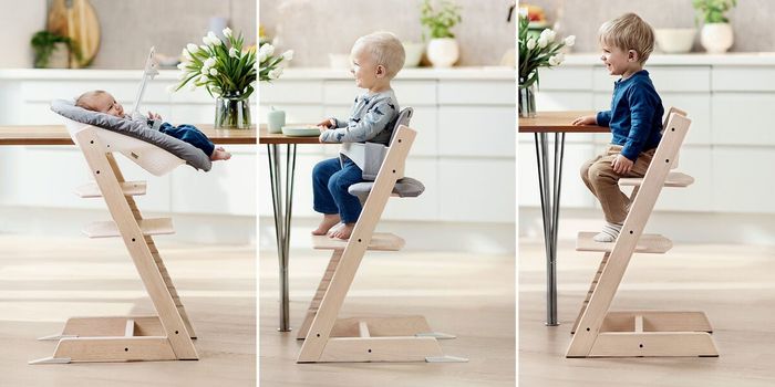 An illustration showing the high chair's versatility from infancy to childhood.
