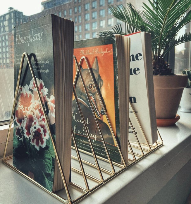 the same gold organizer holding books about plants