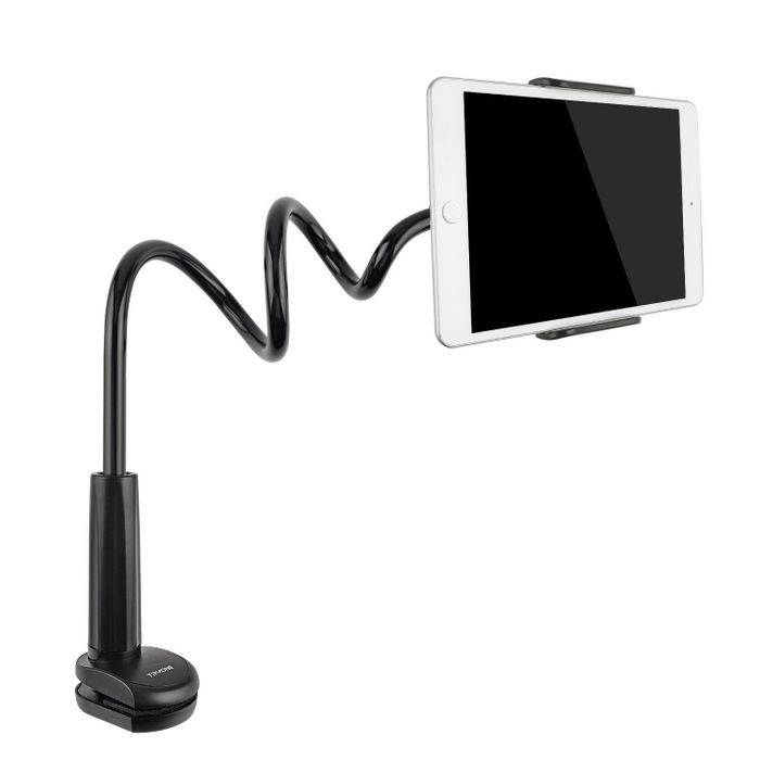 A long, winding gooseneck mount with a phone nestled in place for hands-free viewing.
