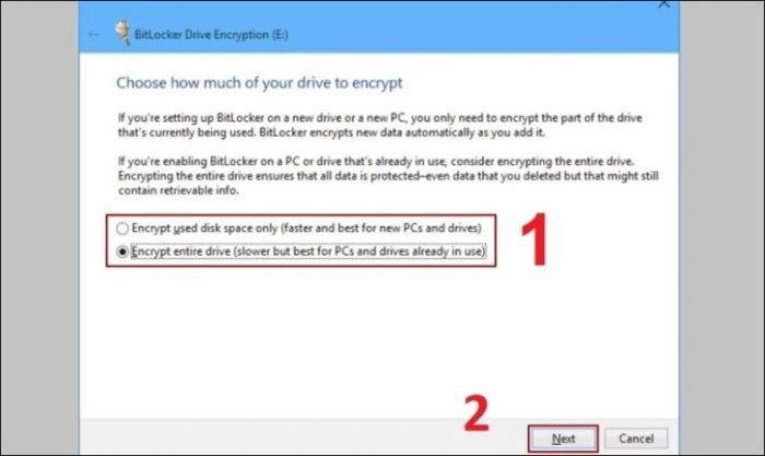 Lựa chọn mã hóa dữ liệu sau khi thiết lập mật khẩu với BitLocker