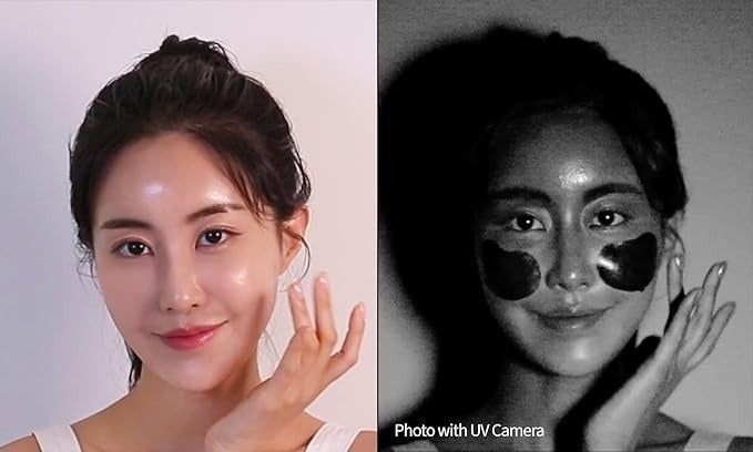 The model showcases sunscreen coverage, comparing normal and UV camera views to emphasize invisible protection