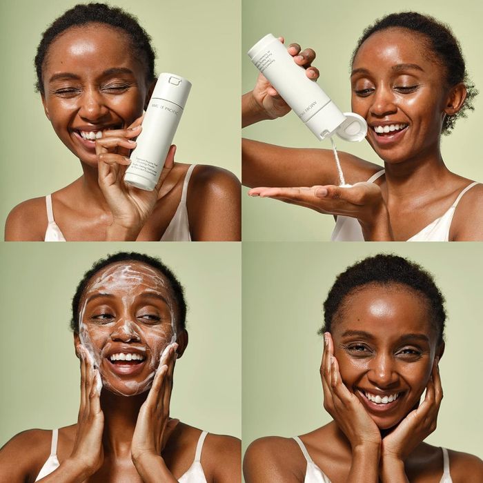 A woman using a skincare product: holding the bottle, dispensing it into her hand, applying the foam, and smiling with a refreshed face