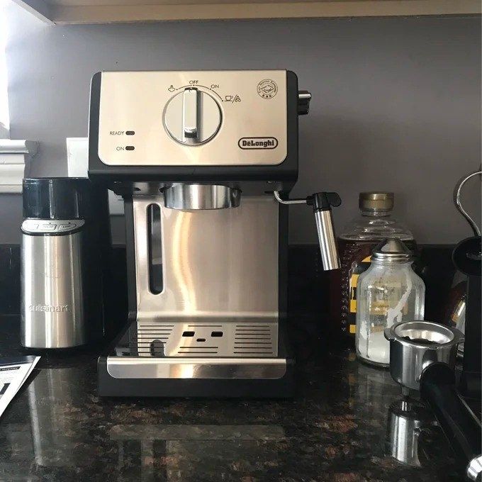 A photo of the espresso machine on a kitchen counter, shared by a reviewer