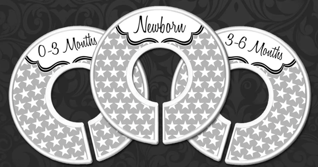 Round plastic closet dividers labeled with different sizes to help keep your baby’s clothes organized.