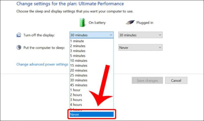 Trong mục On Battery, thay đổi tất cả các mục thành Never