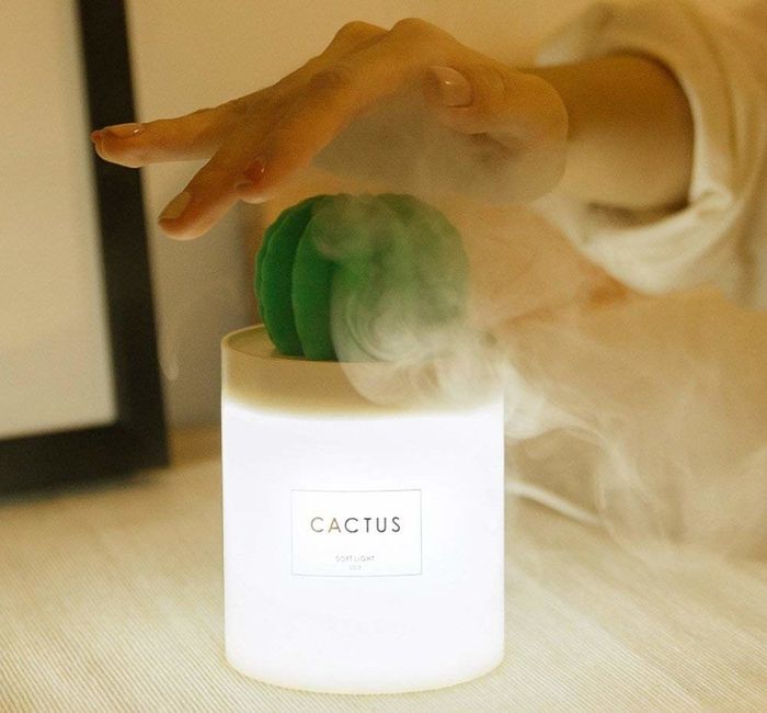 A compact, glowing white humidifier with a tiny green cactus design on top