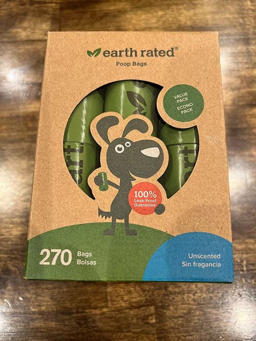 a reviewer’s box of Earth Rated brand poop bag rolls