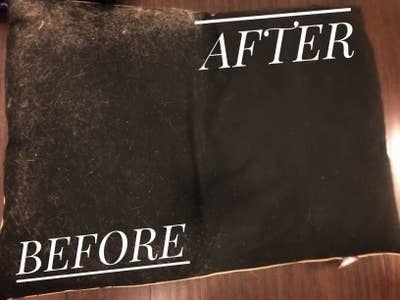 A reviewer’s cushion with one side covered in lint and fur labeled ‘before’ and the other side spotless and labeled ‘after’