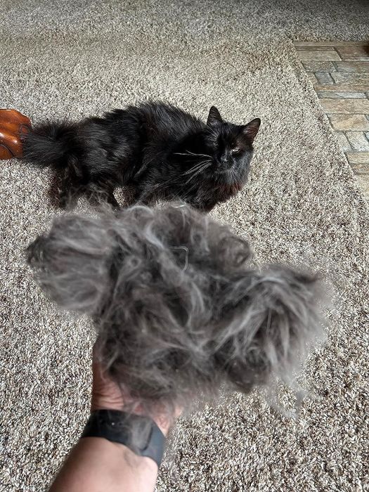 A reviewer shows a hand full of fur after using the brush to de-shed their cat.