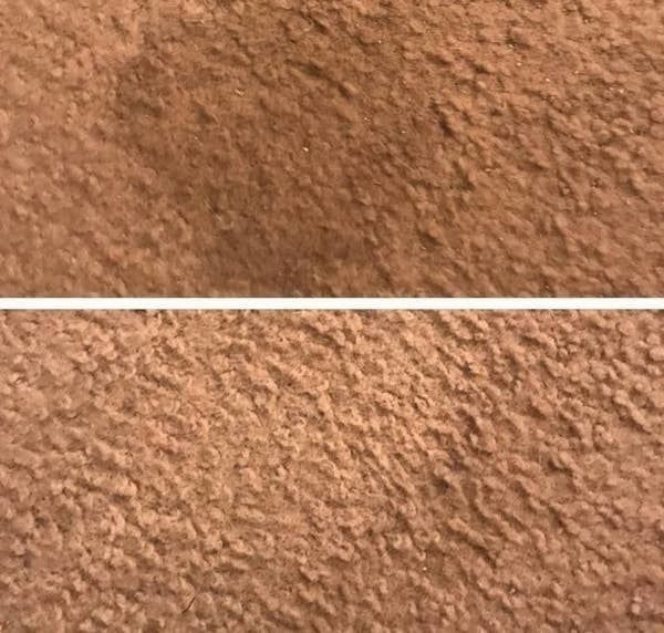 A photo showing a stain on a carpet at the top, with the same carpet completely clean below.