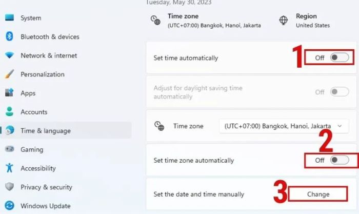 Cách điều chỉnh ngày giờ thủ công trên máy tính Win 11.