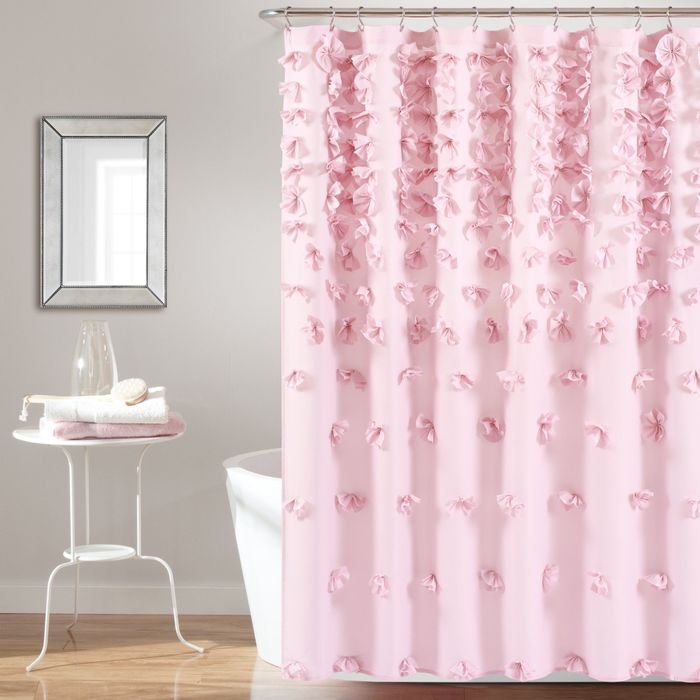 A pink shower curtain featuring a 3D floral design