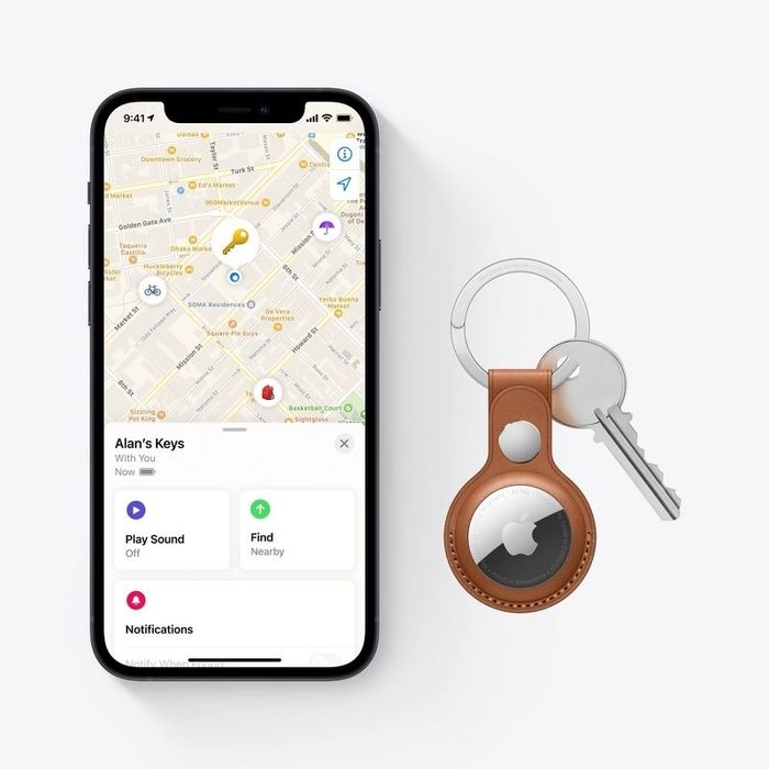 A smartphone displaying a map that tracks the location of keys with an Apple AirTag attached. This image is featured in a shopping article about tracking devices.