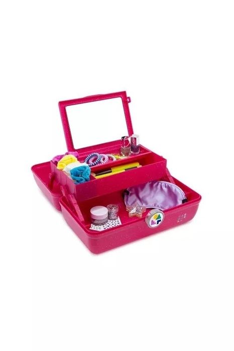 An open pink cosmetic organizer displaying various beauty products such as nail polish, a brush, a mirror, and hair accessories