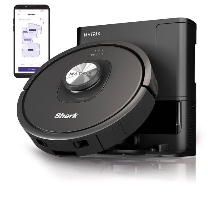 Shark Matrix robotic vacuum with docking station and a smartphone app that allows you to set up a cleaning schedule by viewing a floor plan.