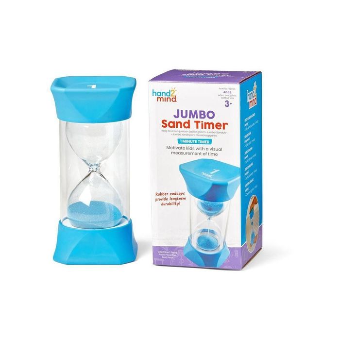 A jumbo-sized sand timer for kids, designed to visually track 1 minute, featuring sturdy blue ends and sitting next to its branded packaging.