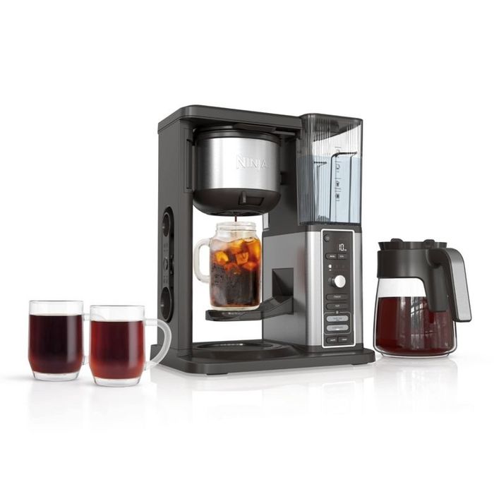 Coffee maker featuring an iced coffee brew option, complete with a carafe and two filled mugs, highlighted in a shopping guide.