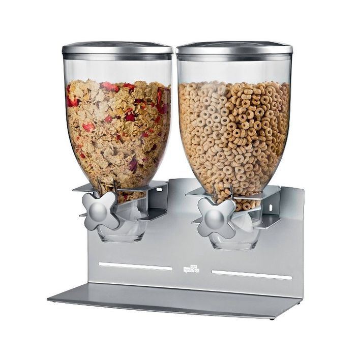 A dual cereal dispenser with transparent containers and a silver base, elegantly displaying granola and cereal, perfect for home kitchens and breakfast buffets.
