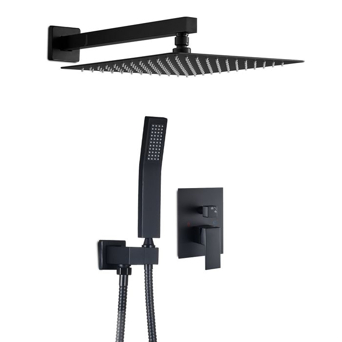 A sleek, wall-mounted shower system with a square rainfall showerhead and a detachable handheld sprayer