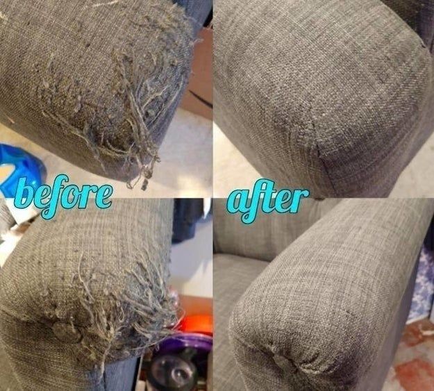 on the left, the arm of a couch with fabric pilling, and on the right, the same arm now smooth and free of pilling thanks to the defuzzer