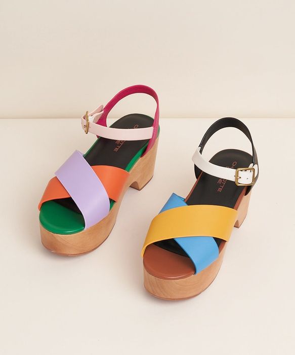 A pair of vibrant, multicolored platform clogs