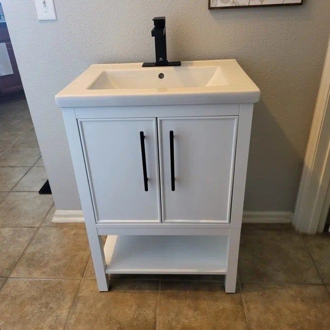 A reviewer’s photo showing the vanity setup in a bathroom.