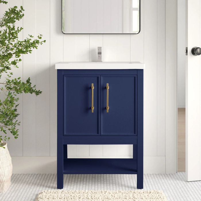 A photo of the vanity placed in a bathroom, showing off its functional design and stylish features.
