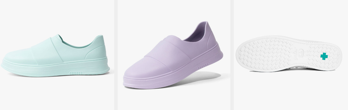 Three images showcasing shoes in blue, purple, and white colors.